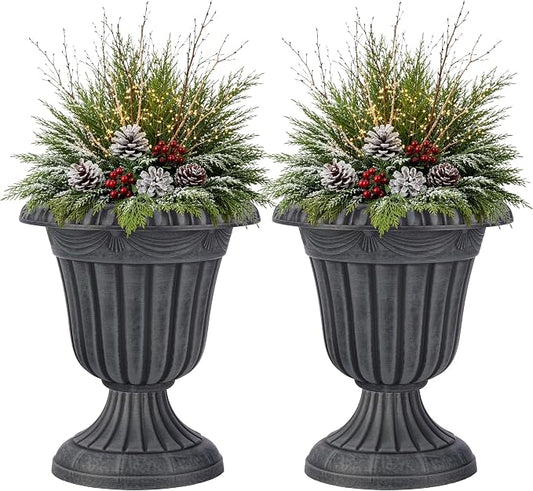 Outdoor Planter 2-Pack - 16x18-Inch Urn Planters for Front Porch Decor, Indoors, Patio or Entryway - Plastic Plant Pots - Large Decorative Flower Pots by Pure Garden (Stone Gray)