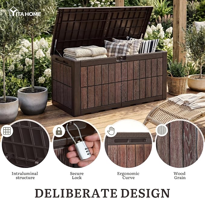 YITAHOME 134 Gallon Large Deck Box | Waterproof Resin Outdoor Storage Box with Lock, Doubles as Bench Seating for Patio Furniture Cushion, Garden Tools &Pool
