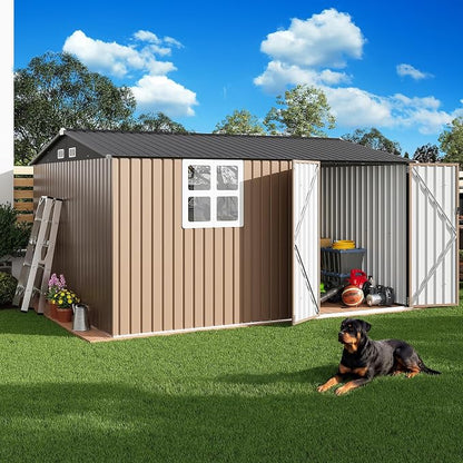 IRONCK 10x12 FT Storage Shed with Clear Window, Outdoor Tool Shed with Lockable Doors and Breathable Ventilation, Metal Garden Storage with 9.8x11.5 FT Base for Generators/Bikes/Wheelbarrows, Brown