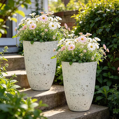 Autodaya 19.5" Resin Tall Planters for Outdoor Plants, Set of 2 Flower Pots | Country White Large Outdoor Planters With Birch Bark Texture, Heavy-Duty, Weather-Resistant For Year Round Indoor Outdoor Use