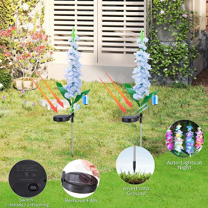 4-Pack Solar Delphinium Garden Decor, 4 LED Flower Stake Lights - Waterproof Long-Lasting Outdoor Solar Patio Decor for Lawn, Yard & Pathway