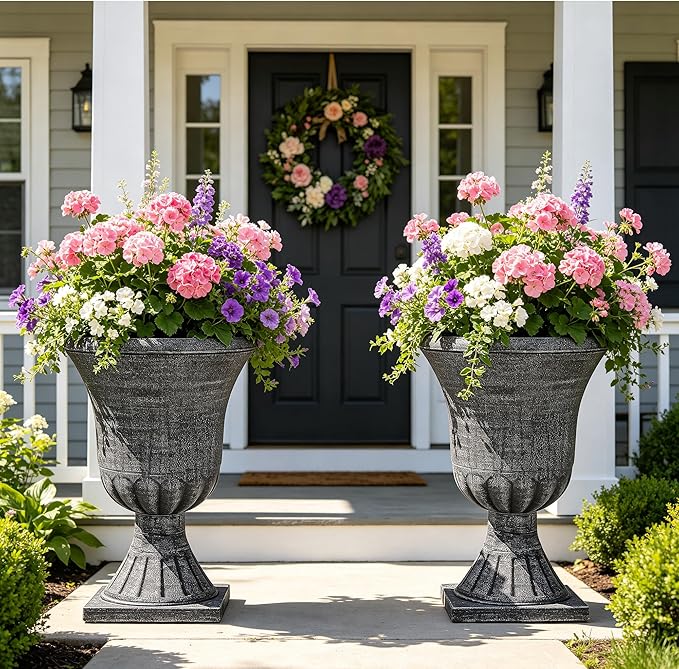 Autodaya 22" Handmade Washed Black Urn Planters Set of 2 Plastic Pots | Handmade Washed Black Finish, Large Weather-Resistant Planters for Porch, Garden, Patio, or Indoor Use