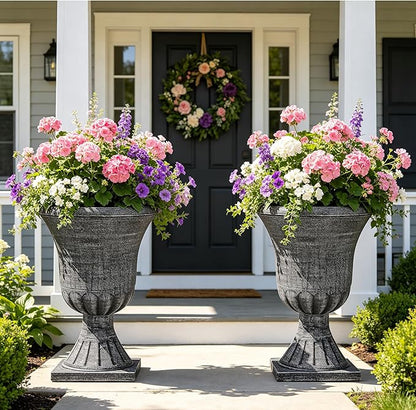 Autodaya 22" Handmade Washed Black Urn Planters Set of 2 Plastic Pots | Handmade Washed Black Finish, Large Weather-Resistant Planters for Porch, Garden, Patio, or Indoor Use