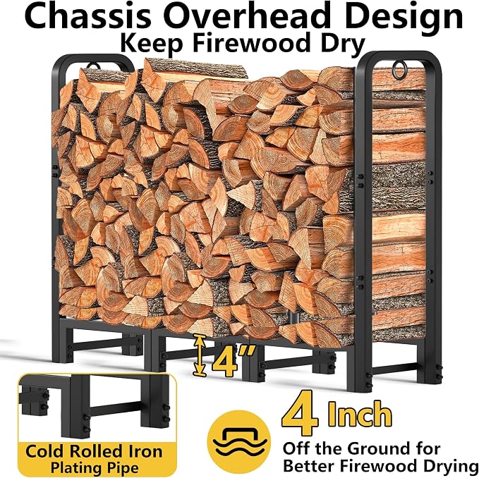 Amagabeli 4ft Firewood Log Rack with Cover Outdoor Heavy Duty Firewood Rack With Weather Resistant 600D Oxford Fabric Cover Indoor Outdoor Wood Racks for Fire Wood Holder