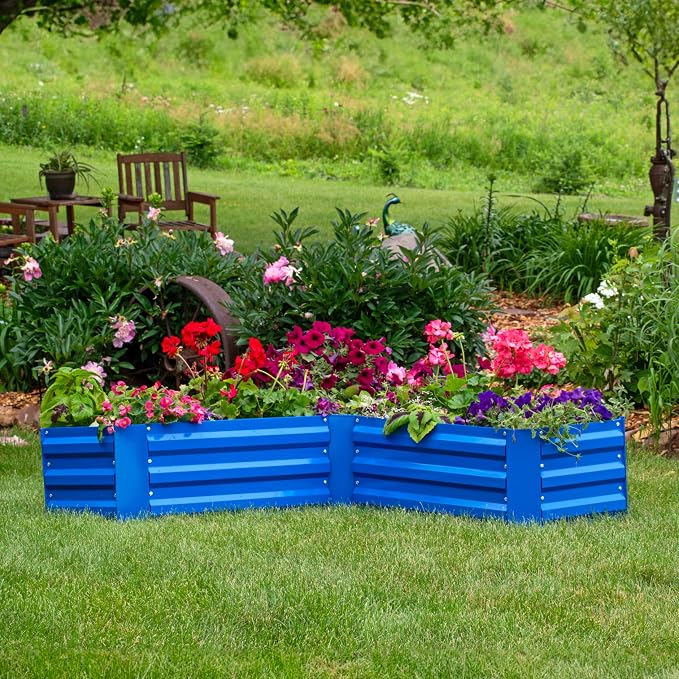 Sunnydaze Galvanized Raised Garden Bed - Outdoor Planter Box for Backyard or Patio - Steel Metal Raised Bed for Gardening Vegetables, Flowers, Herbs - 47 x 47 x 12 in - Blue - L-Shaped