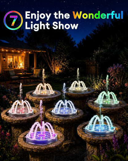 3.5W Solar Fountain,Upgraded 100% Glass Panel Solar Bird Bath Fountain with 2000mAh Battery,7 Color RGB LED Lights & 6 Nozzles,Solar Fountain for Bird Bath,Garden, Pond, Pool, Outdoor Decor(White)
