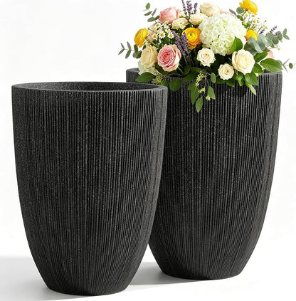 2-Pack 19" Black Resin Tall Round Planters with Fluted Texture | Set of 2 resin tall planters with black fluted texture, drainage plugs, and UV-resistant finish for porch or patio