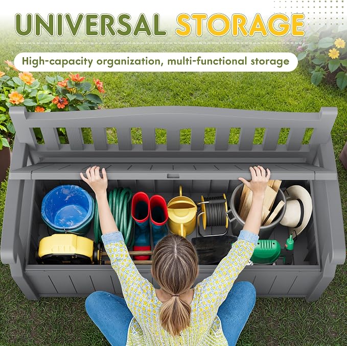 Greesum 80 Gallon Outdoor Storage Bench Deck Box with Cushion & Armrest, Lockable, Waterproof UV Resistant, Comfortable Seating for Patio, Pool, Garden, Grey
