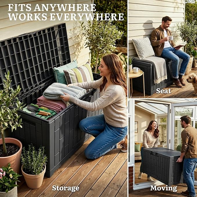 YITAHOME 60 Gallon Outdoor Storage Box | Waterproof Resin Deck Box with Slide-Locking Lid, Patio Storage Bin and Bench Seat for Patio Furniture, Garden Tools and Pool