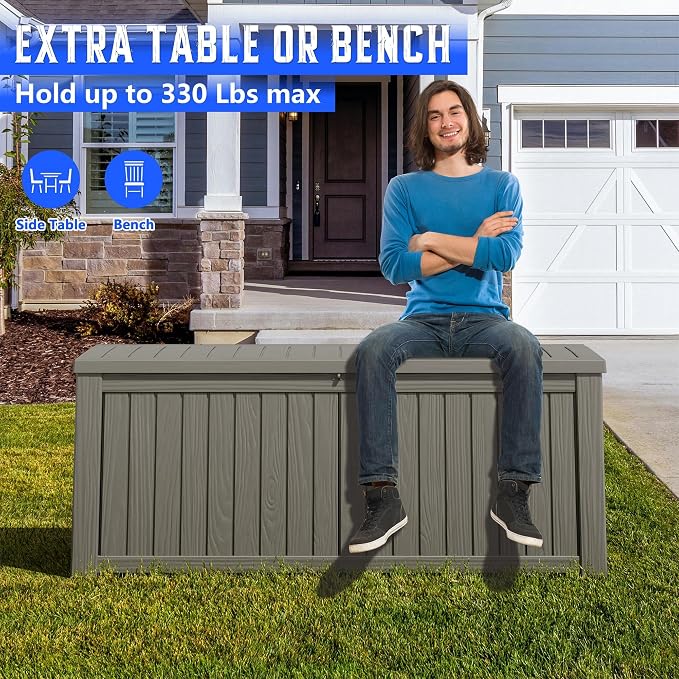Outdoor Storage Box, Resin Deck Box Indoor and Outdoor, Waterproof Lockable Lid, Grey, 200 Gallon