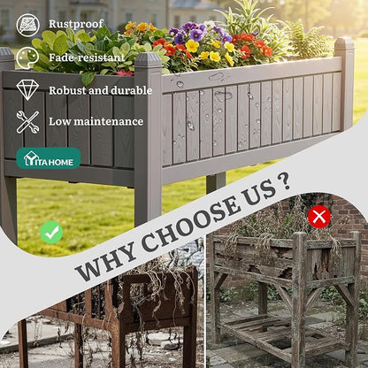 YITAHOME 3.6x1.5x2.8 FT Elevated Garden Bed Kit with Legs and Wheels, Outdoor Large Resin Planter Box Stand with Drain Plug and Storage Shelf for Plants Vegetables Fruits, Light Brown