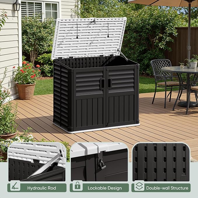 Devoko Outdoor Storage Shed, 34 Cu Ft Outdoor Storage Cabinet Without Shelf, Waterproof, Double Locks, Resin Storage for Trash Can, Garden Tools, Pool Supplies, Black