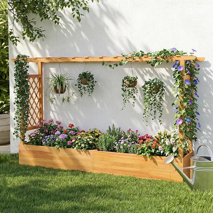 Happygrill 45" Raised Garden Bed with Trellis, Wood Planter Box w/Hanging Roof, 2 Side Trellises, Open-Ended Base for Flower, Climbing Plant, Plant Container for Garden