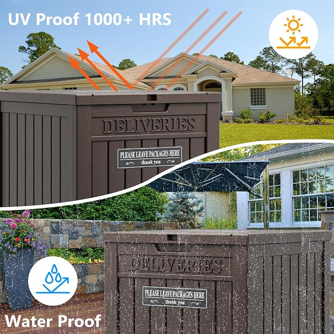 LHBGO Package Delivery Box for Outside with Sticker, 48 Gallon Storage with Lockable Secure, Large Double Wall Resin Outdoor Package Delivery Waterproof Deck
