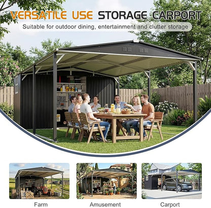 KEIKI 12x23 FT Heavy Duty Metal Carport with Storage Shed, Steel Garage Shelter with Sliding Door, Waterproof Sloped Roof, UV Protection Panels, Outdoor Car Canopy for Car, Boat, Tractor