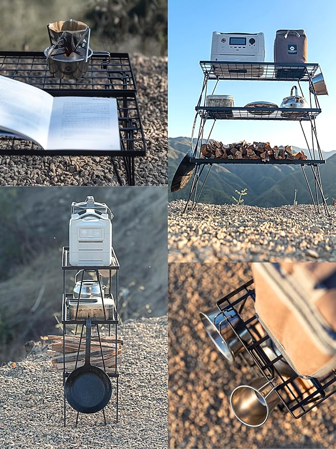 CAMPINGMOON Foldable Mesh Camping Rack Stackable Camp Storage Shelf Fire Pit Side Table Portable Outdoor Organizer Steel T-229