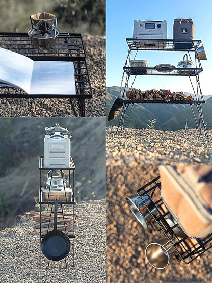 CAMPINGMOON Foldable Mesh Camping Rack Stackable Camp Storage Shelf Fire Pit Side Table Portable Outdoor Organizer Steel T-229