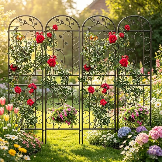 4-Pack 87" x 20" Bird and Daisy Arch Black Metal Garden Trellises | Set of 4 rust-resistant trellises with bird, daisy, leaf, and scrollwork details, spikes, and support for roses or vines