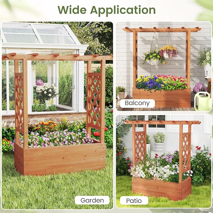 Giantex Set of 2 Raised Garden Bed with 2-Sided Trellis & Hanging Roof, Fir Wood Planter Box w/Drainage Holes, Freestanding Garden Planter for Flowers Herbs Climbing Vines (43"x15"x45")