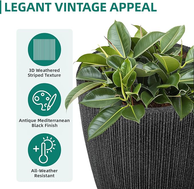 19" Black Concrete-Look Resin Tall Planters with Fluted Texture | Set of 2 resin tall planters with black fluted texture, drainage holes, and UV-resistant finish for porch or patio