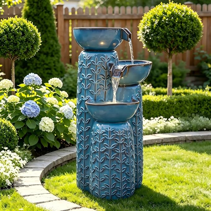 28" H Ceramic Outdoor Water Fountain with LED Lights, 3-Tier Cascading Bowls Water Feature, Tranquil Waterfall for Relaxing Garden, Patio, Yard, or Porch, Turquoise, Embossed Leaf Patterns