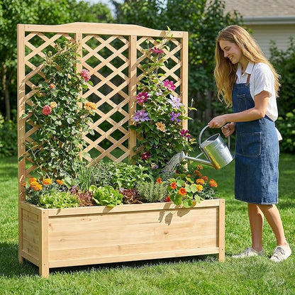 Wooden Raised Garden Bed with Trellis, Freestanding Planter Box with Drainage for Vines Climbing Plants Flowers Herbs, Elevated Gardening Planter for Backyard Balcony Patio