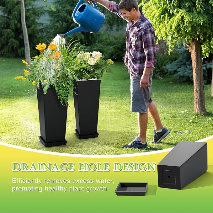 TUYOHW 24-Inch Tall Planters for Outdoor Plants, Set of 2, Black | Square tapered plastic planters with drainage trays for front porch, patio, entryway, backyard, or indoor plants