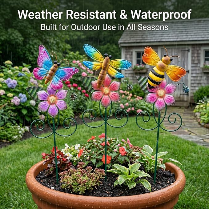 Topadorn Metal Garden Stakes Set of 3, Colorful Bee Butterfly & Dragonfly Garden Decor, Weatherproof Outdoor Yard Stakes for Lawn Patio Planters