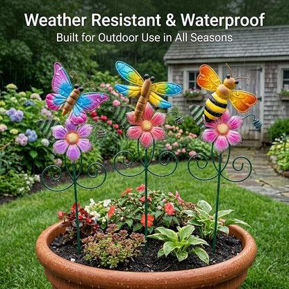 Topadorn Metal Garden Stakes Set of 3, Colorful Bee Butterfly & Dragonfly Garden Decor, Weatherproof Outdoor Yard Stakes for Lawn Patio Planters