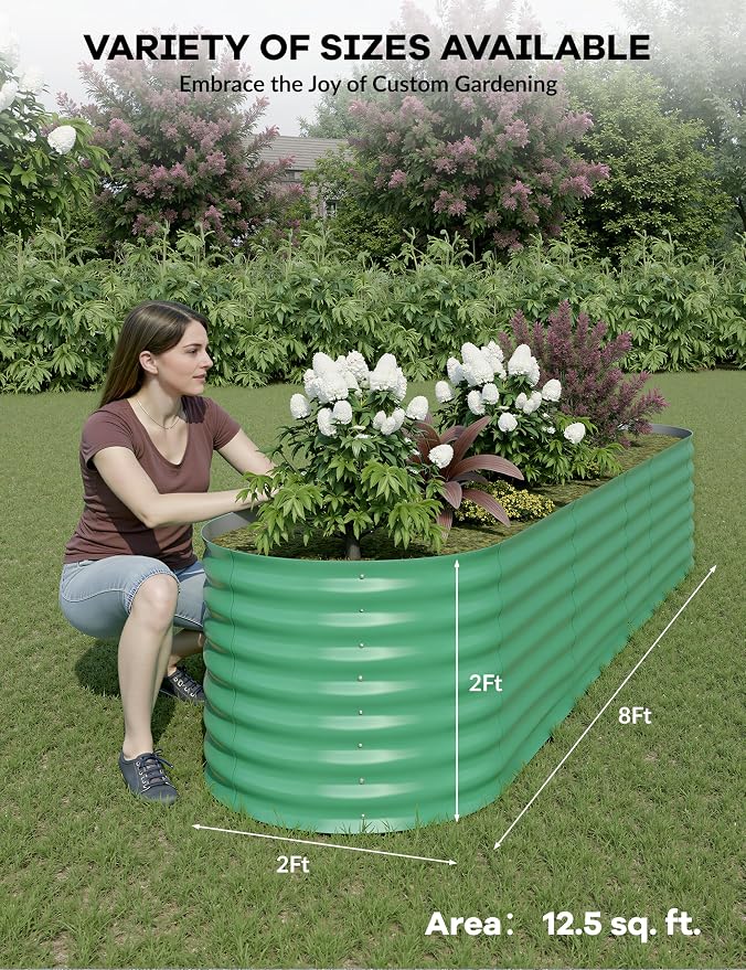 GarveeLife 8x2x2 ft Galvanized Raised Garden Bed - 24“ Tall Metal Planter Box for Vegetables, Flowers, Herbs, Rust-Resistant Outdoor Garden Box, Easy Assembly Raised Beds for Gardening, Green