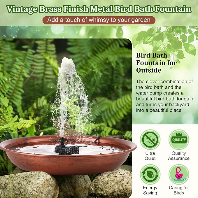 Bird Bath Fountain for Outside, 13.5" Garden Metal Bird Bath Bowl with 8W Pump, 2 Nozzles Adjustable Water Fountain for Backyard Patio Garden and Outdoor Water Features (Standing)