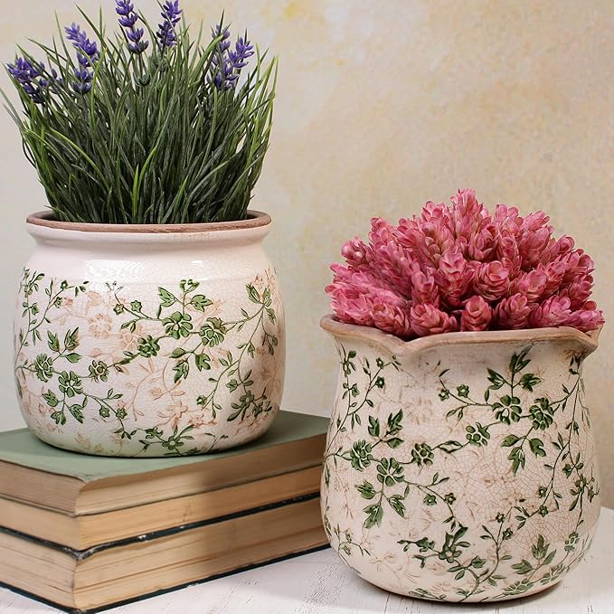 Xiaan Jiaju Vintage Country Ceramic Vase and Planters, 6.3 Inch Small Plant Pots for Indoor English Garden Decor, Old World Room & Home Decor, Sage Beige