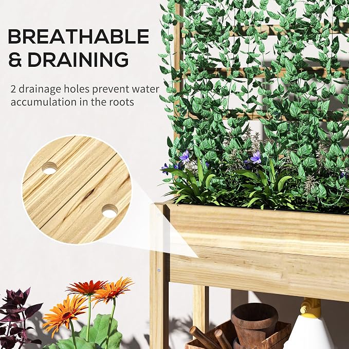 Outsunny Wooden Raised Garden Bed with Trellis, Elevated Planter Box with Storage Shelf, Drainage Holes and Liner, Outdoor Flower Box for Vegetables, Flowers, Herbs