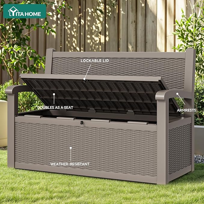 YITAHOME 70 Gallon Deck Bench with Storage | Outdoor Storage Box Bench with Armrests for Patio Garden Pool Porch , Waterproof&Lockable, Light Brown