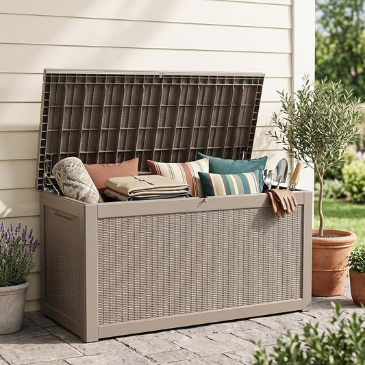 Outdoor Storage Box, 320 Gallon Waterproof Deck Box [Upgraded 3.1], Giant Resin Storage for King Cushions, Lockable Bench Chest, Estate Yard Garden BBQ Gathering, Grey