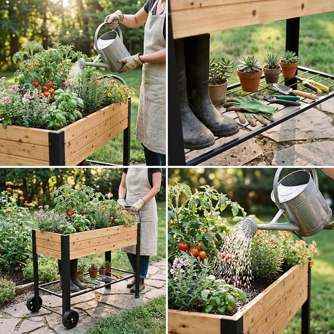 aboxoo Wooden＆Metal Large Planter Raised Beds with Legs Outdoor Planter Box on Wheels Elevated Garden Bed for Vegetables Flower Herb Patio (43" L x 12" W x 31.5" H)
