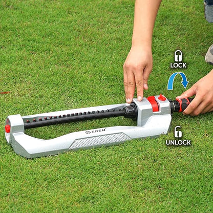 Eden 94111 Heavy Duty Metal Oscillating Sprinkler, Covers Up to 3,328 sq. ft., 20 Precision Nozzles, Flow Control, Adjustable Range, Quick Connect Bundle, Silver, Red, Black