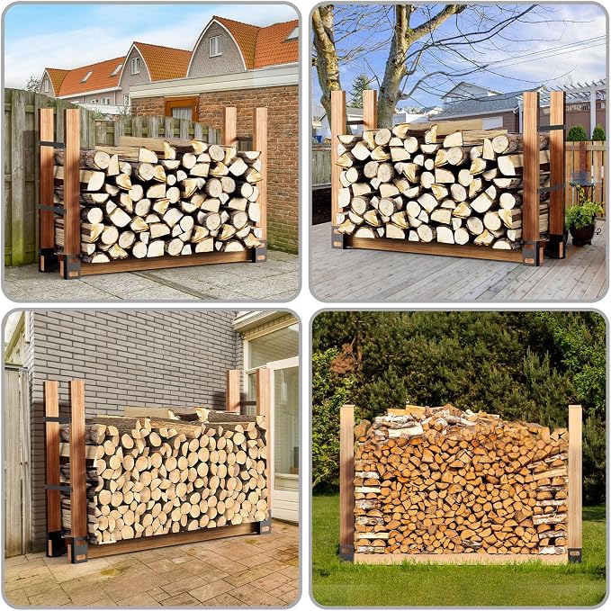 Eibikdi Firewood Rack Outdoor, Adjustable Length Wood Storage Brackets Kit, Log Stacking Stand Holder for Outdoor Indoor Fireplace, Wood Burning Fire Pits, Black, Set of 4