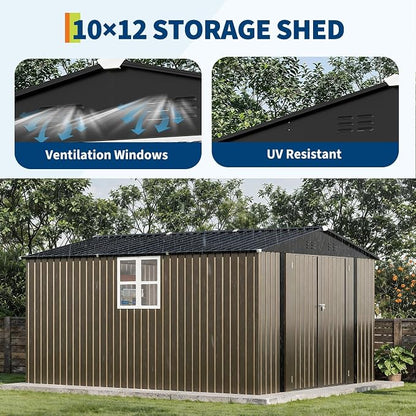 10X12 FT Storage Shed，Lockable Gable Roof Garden Shed with Grid Window, All-Weather Resistant Storage Unit for Bikes, Ladders, Patio Supplies & Garden Essentials