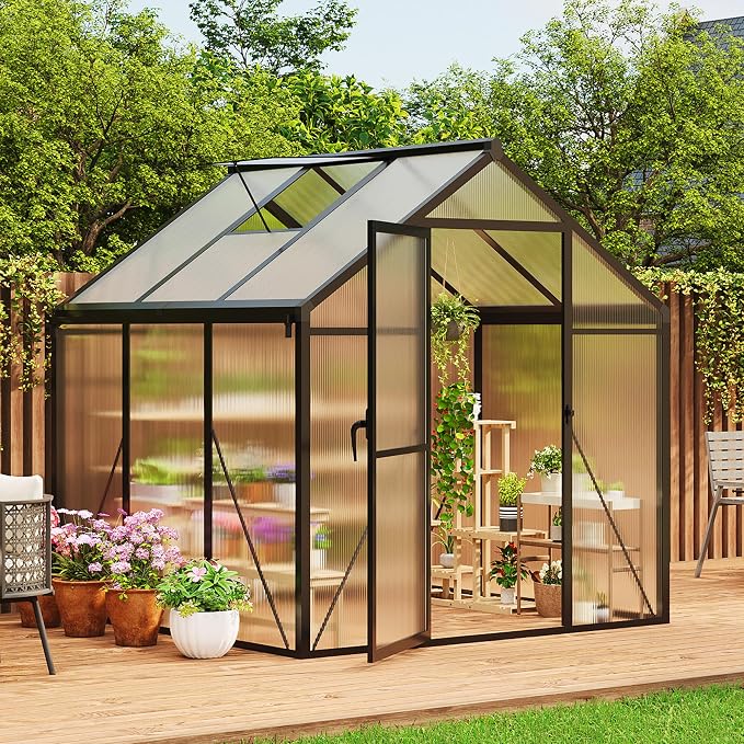 6x6 ft Walk-in Greenhouse, Polycarbonate Panels with Reinforced Aluminum Frame, Large Garden Green House for Planting and Seed Starting, Quick-Assembly Structure with Adjustable Roof Vent