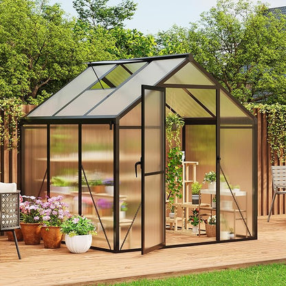 Garvee 6 x 6 FT Greenhouse, Greenhouses for Outside, Polycarbonate Greenhouse with Aluminum Frame, Lockable Door and Ajustable Roof Vent for Backyard, Green Houses for Outside Garden Backyard, Patio