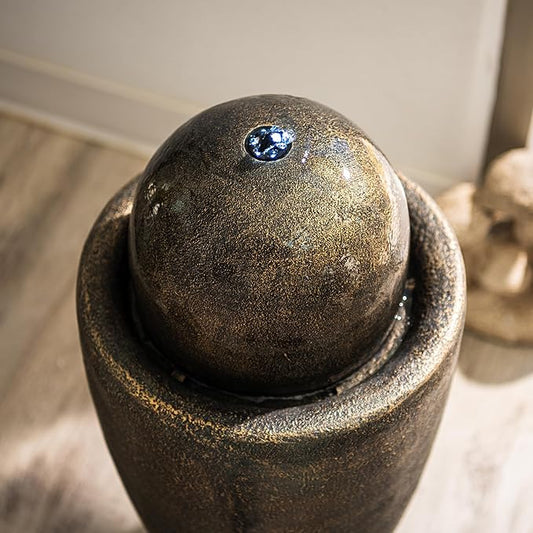 XBrand 25.98" Modern Sphere Water Fountain with LED Light – Indoor Outdoor Stone Texture Floor Fountain, Zen Bubbling Ball Water Feature for Garden Patio Porch - Bronze