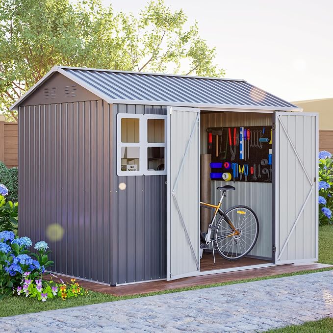 YOPTO 8X6 FT Metal Outdoor Storage Shed W/Window,Dark Gray | Heavy Duty Outdoor Shed W/ Lockable Doors & Sloped Roof,All Weather Waterproof for Garden,Patio,Backyard,Lawn