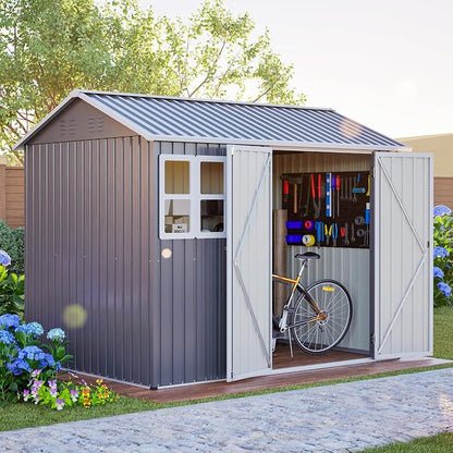 YOPTO 8X6 FT Metal Outdoor Storage Shed W/Window,Dark Gray | Heavy Duty Outdoor Shed W/ Lockable Doors & Sloped Roof,All Weather Waterproof for Garden,Patio,Backyard,Lawn