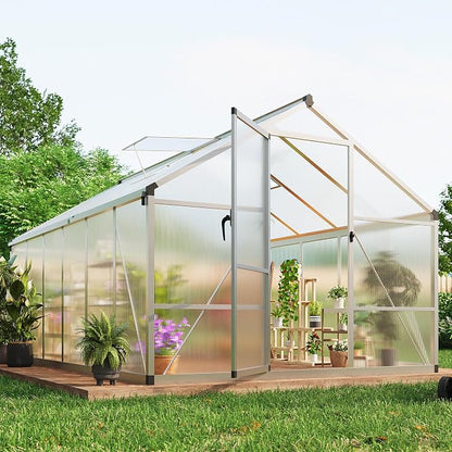 8x12 ft Walk-in Greenhouse, Polycarbonate Panels with Reinforced Aluminum Frame, Large Garden Green House for Planting and Seed Starting, Quick-Assembly Structure with Adjustable Roof Vent