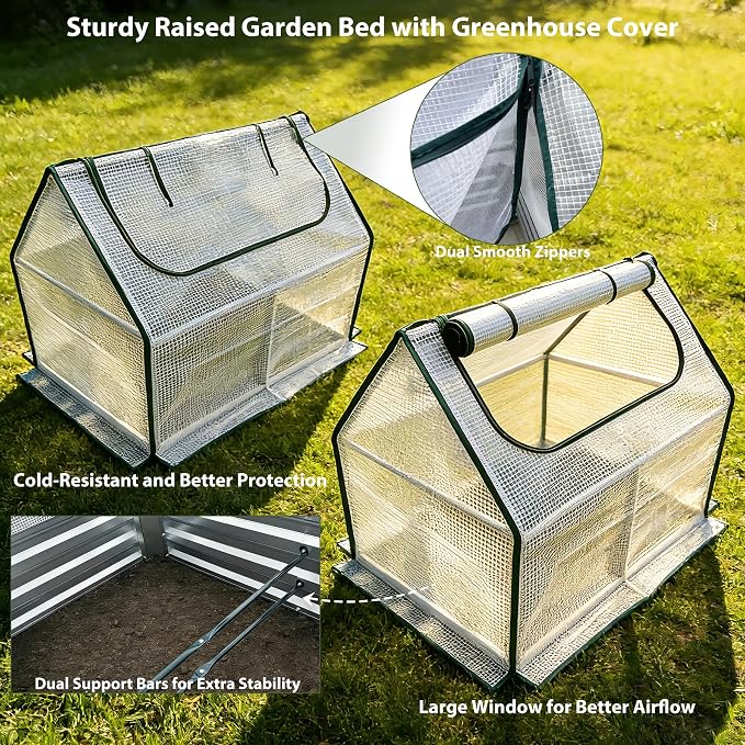 Miory Raised Garden Bed with PE Cover, 4x2.5x1 FT Galvanized Planter Box Outdoor with Mini Greenhouse, 2 Zippered Windows for Vegetables, Flowers, Includes Plant Labels & Gloves