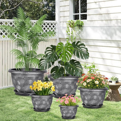 8-Inch-Plastic -Pots-for -Plant with Saucer, 4 Pack Outdoor Planters with Drainage Holes, Decorative Flower Pots for Indoor Plants, Modern 3D Swirl Silver Plant Pots with with Removable Tray