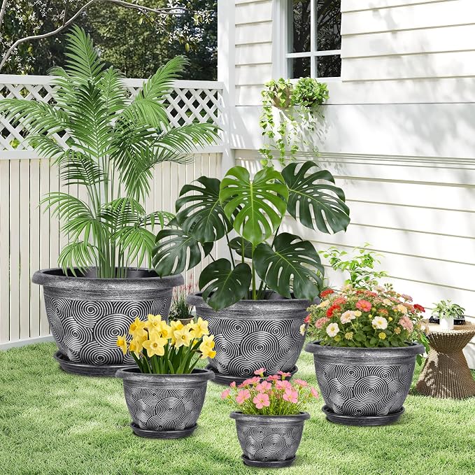 14-Inch -Plastic-Pots -For-Plant With Saucer, 4 Pack Outdoor Planters With Drainage Holes, Decorative Flower Pots For Indoor Plants, Modern 3D Swirl Silver Large Plant Pots With With Removable Tray