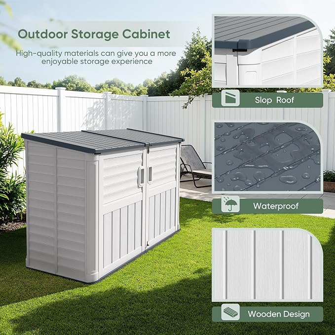 Devoko Resin Outdoor Storage Shed, 34 Cu Ft Outdoor Storage Cabinet with Shelf, Waterproof, Double Locks, Resin Storage for Trash Can, Garden Tools, Pool Supplies (Beige)