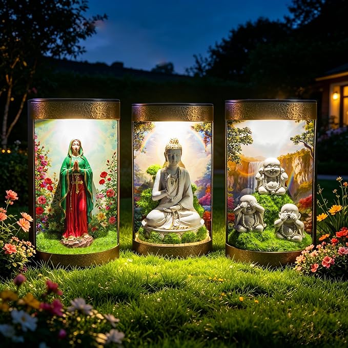 See No Evil Hear No Evil Speak No Evil Buddha Statue Solar Landscape Light,Color-Changing LED Light,Waterproof,Outdoor Garden Decoration,Automatic Light-Sensing Design,Zen-Themed